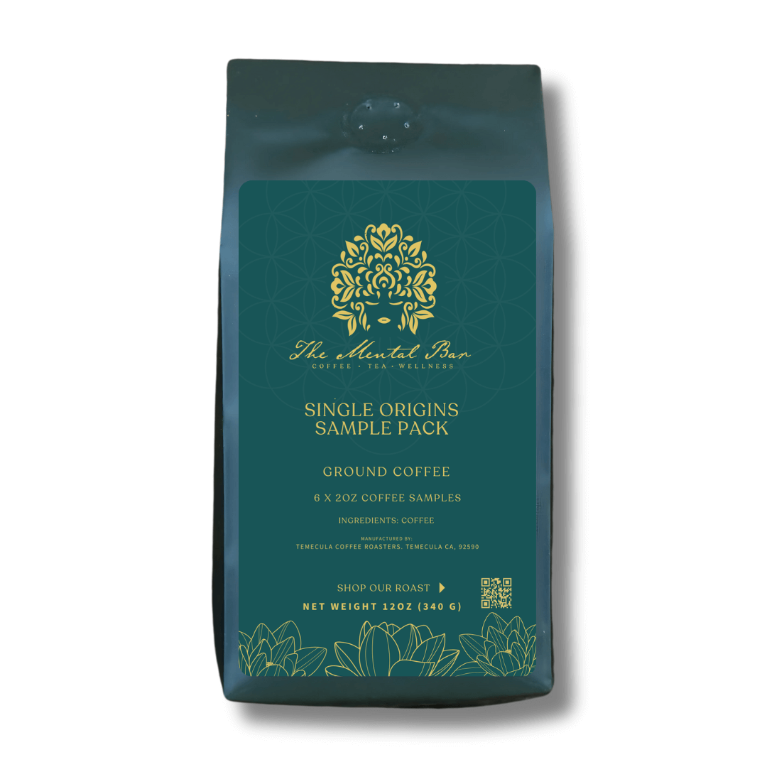 The Mental Bar Single Origin Coffee Sample Pack featuring six 2-ounce coffee bags of ground coffee.