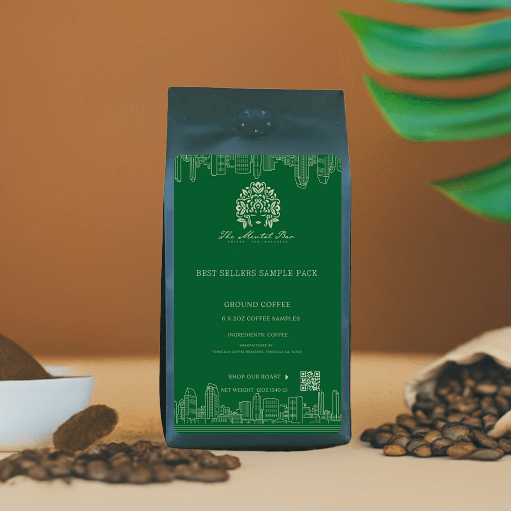 Best Sellers Sample Pack coffee bags featuring a variety of ground coffee samples in an elegant packaging.