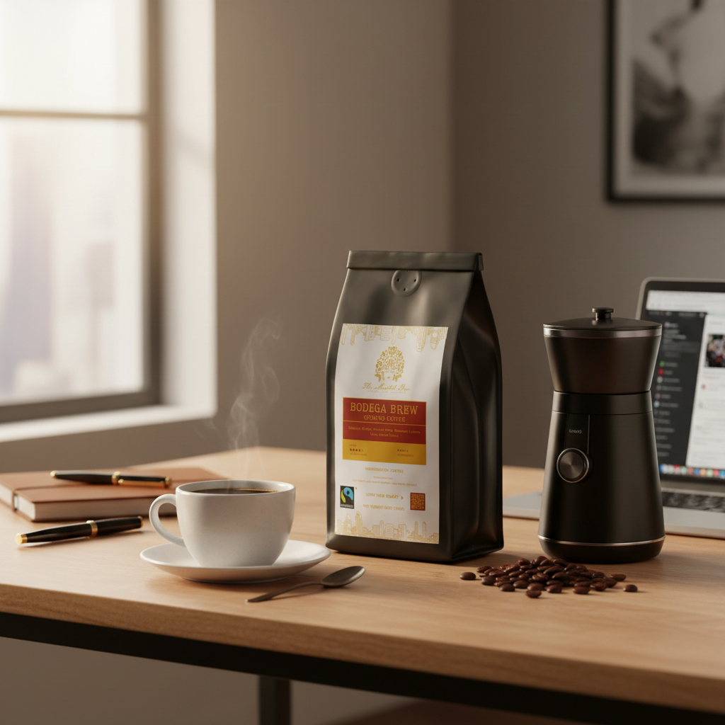 Bodega Brew Fair Trade Honduras coffee bag and grinder on a desk with coffee cup, journal, and laptop.