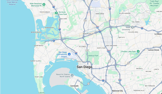 Map of San Diego showing the Encanto neighborhood in Southeast San Diego, home of The Mental Bar Coffee Company