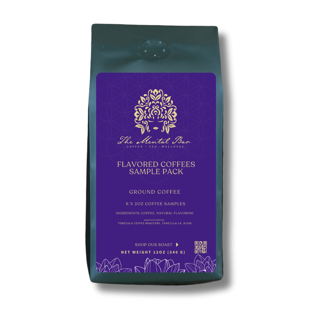 Flavored Coffee Sample Six Pack showcasing 2-ounce coffee bags of Hazelnut, Cinnabon, French Vanilla, Mocha, and more.