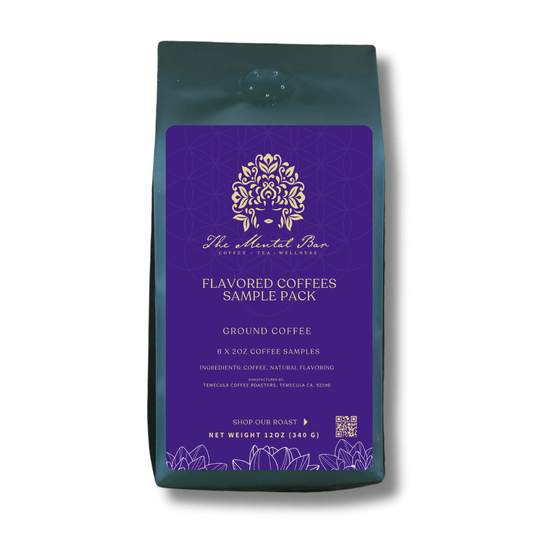 Flavored Coffee Sample Six Pack showcasing 2-ounce coffee bags of Hazelnut, Cinnabon, French Vanilla, Mocha, and more.