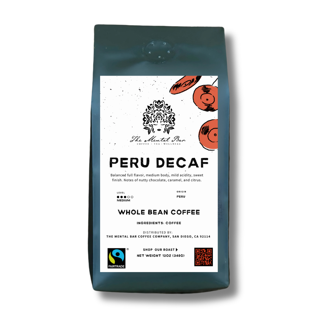 Coffee bag labeled 'Peru Decaf' with branding and certification logos on a white background