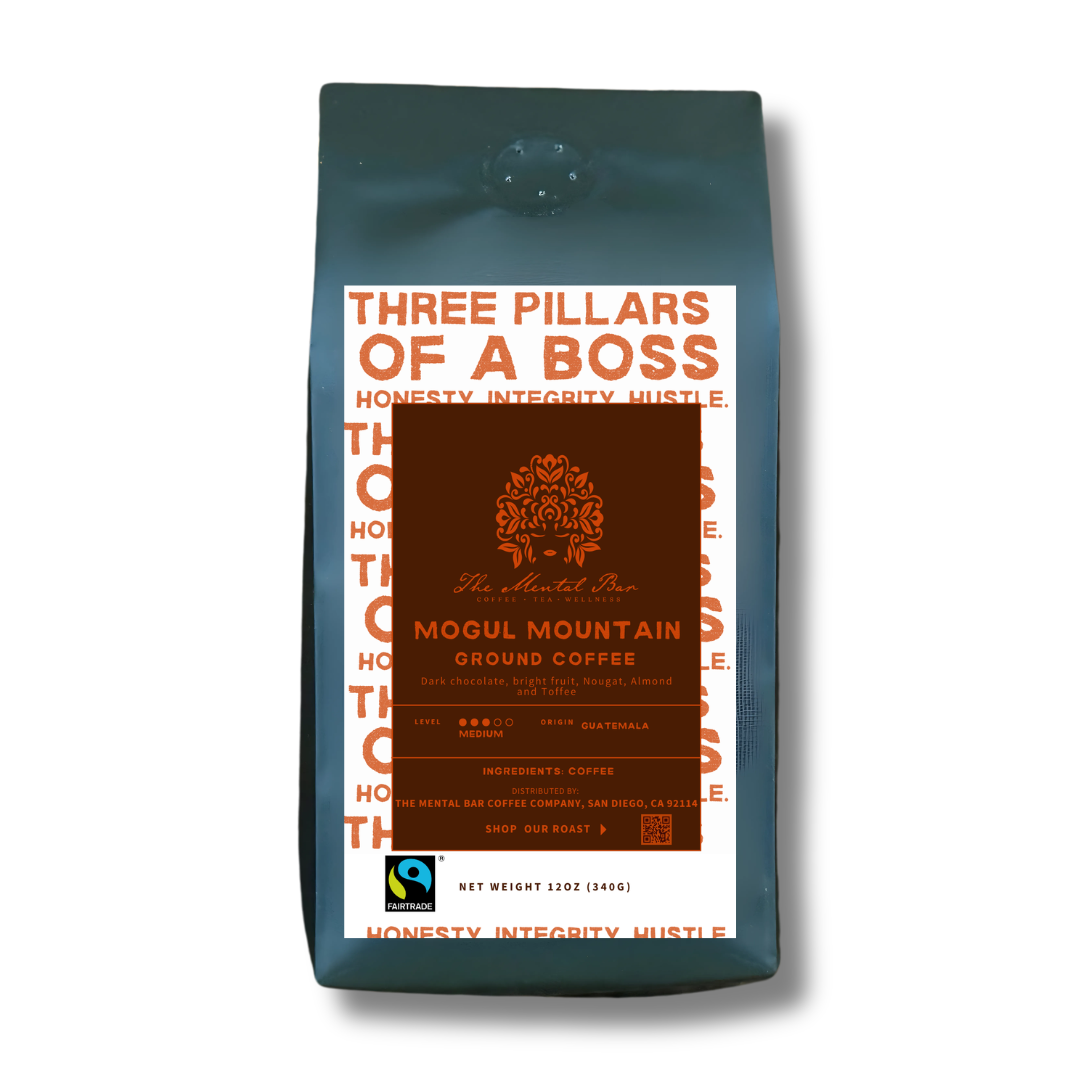 Coffee bag with 'Three Pillars of a Boss' branding on a white background