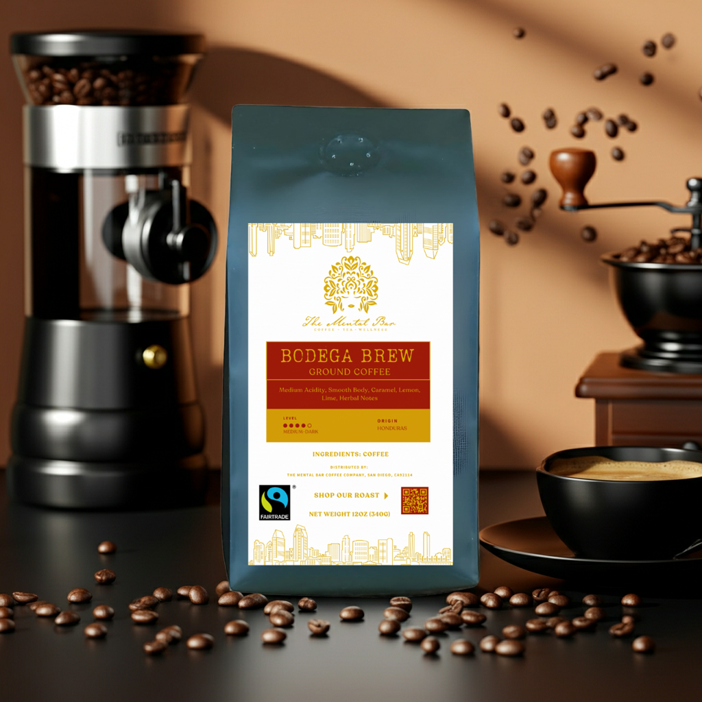 Bodega Brew Fair Trade Honduras coffee bag with espresso machine, espresso cup, and roasted beans.