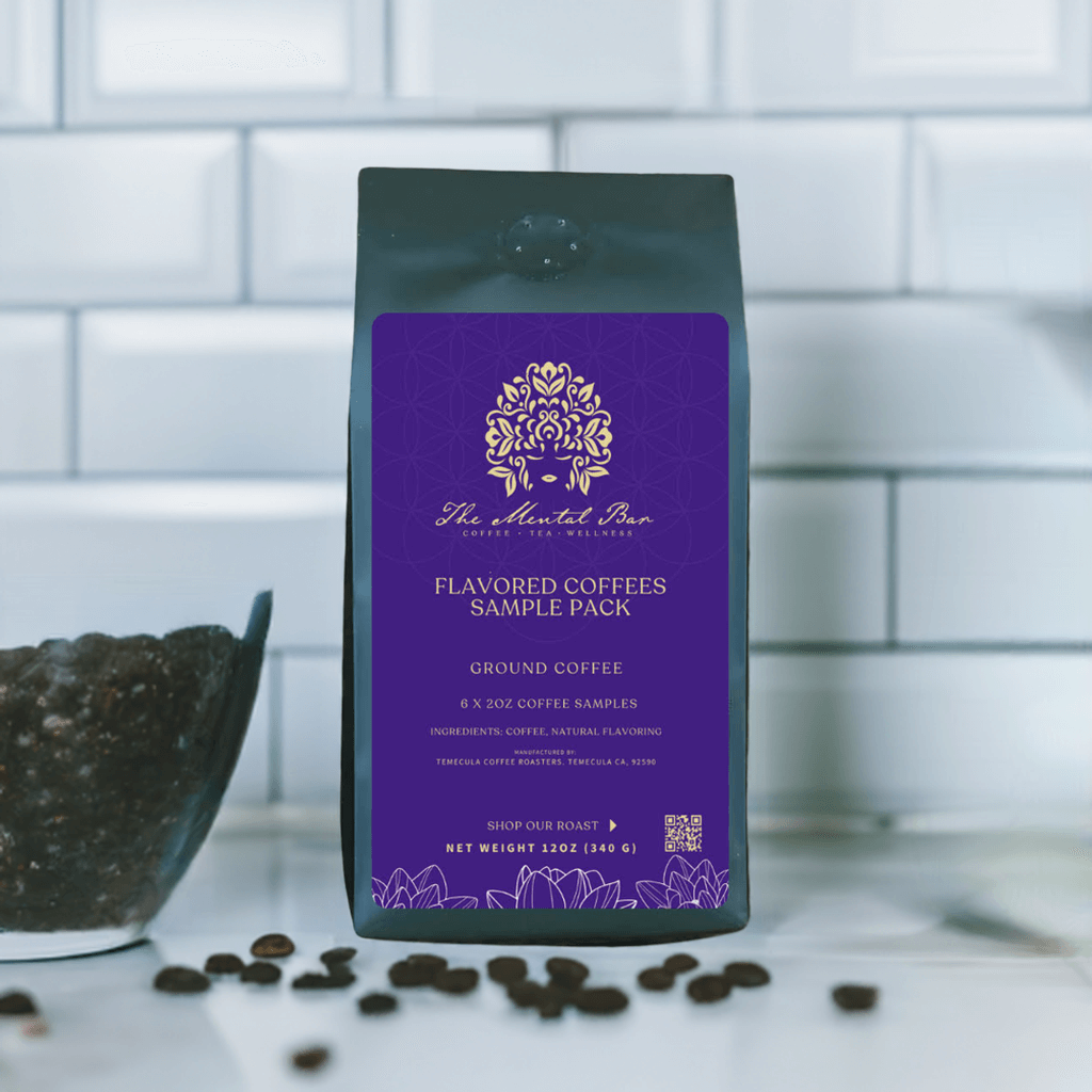 Flavored Coffee Sample Six Pack in a stylish bag with rich ground coffee flavor samples.
